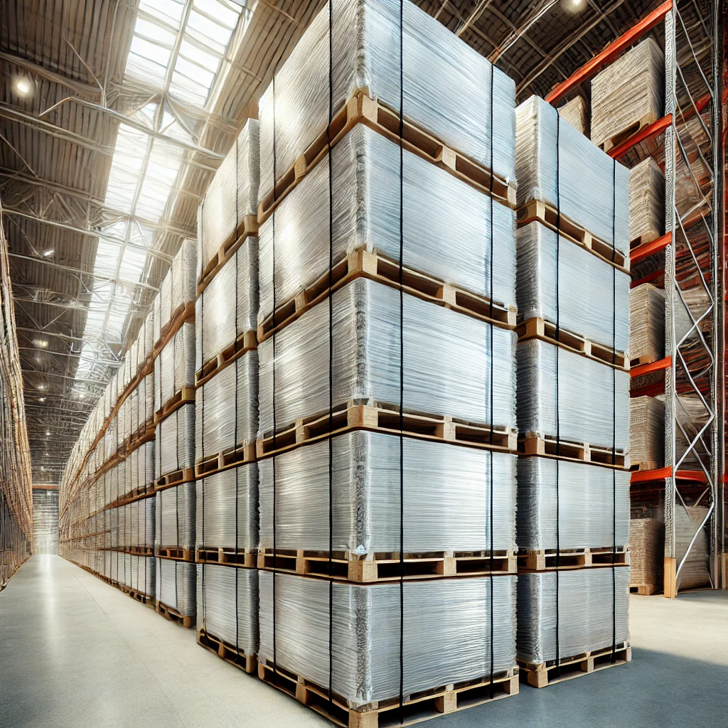 DALL·E 2025-05-14 13.21.46 – A clean, high-resolution image of double-stacked wire decking stored in a warehouse. The wire decking is neatly organized on wooden pallets and wrappe